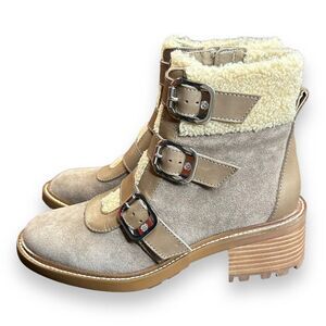 Vince Camuto Klerica Leather and Faux Fur Moto/Hiker Boot Taupe Size 7M